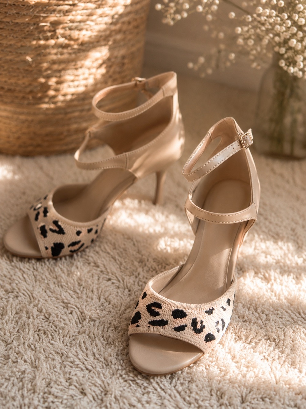 Women’s Beige Leopard Print Ankle-Strap Heels